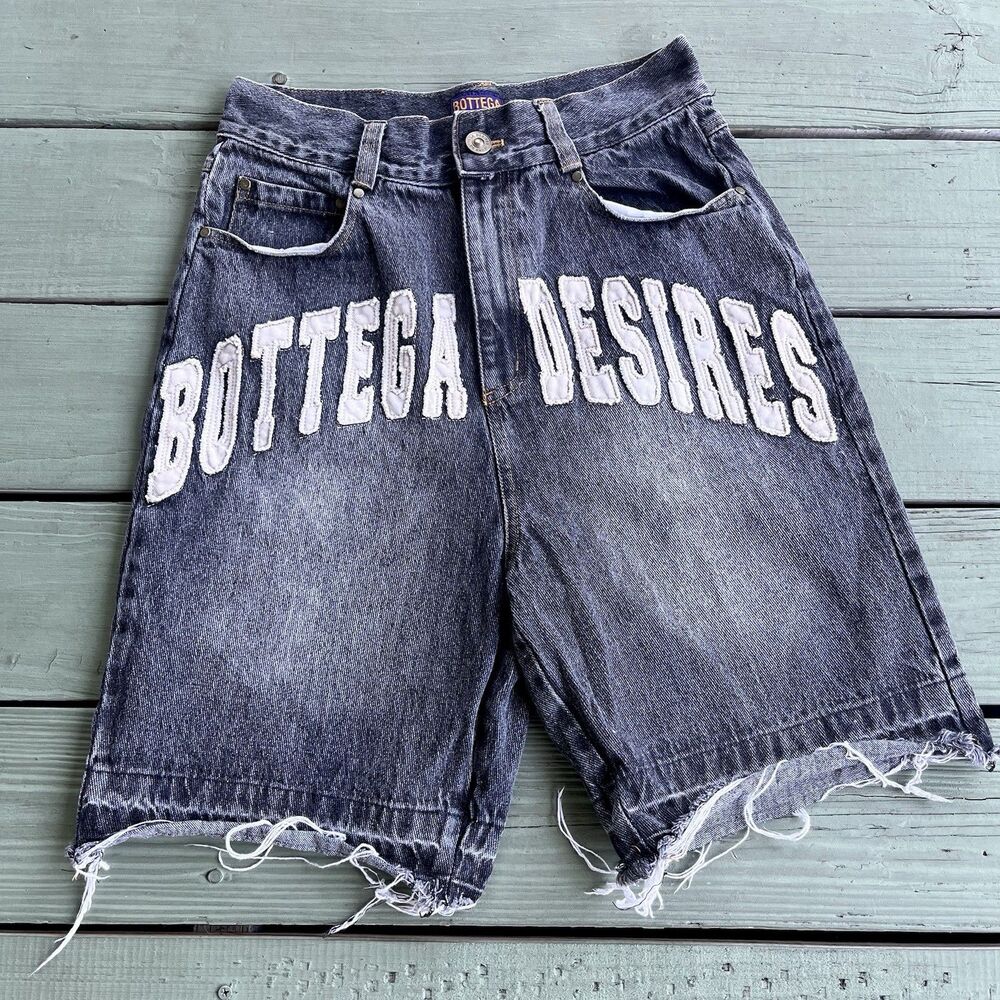 Bottega Desires  Black Denim Shorts 30 Frayed Patch Logo Raw Hem Streetwear